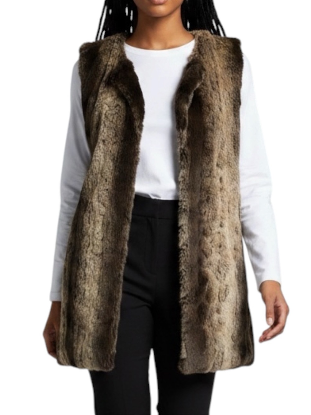 Betsey Johnson Long Brown Faux Fur Sleeveless Vest Size L Maximalist Designer